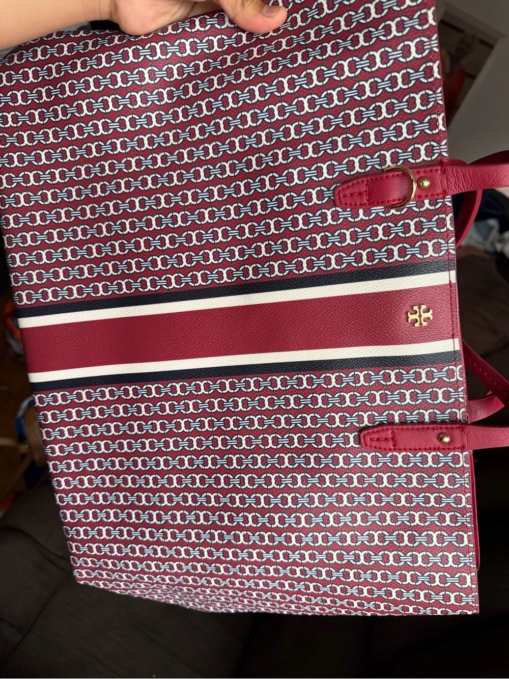 Tory Burch Red Patterned Tote with Center Stripe Accent